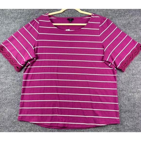 Talbot's Plus Women's Short Sleeve Top Size 2X Magenta Striped Lace Trim Sleeve - Picture 1 of 8
